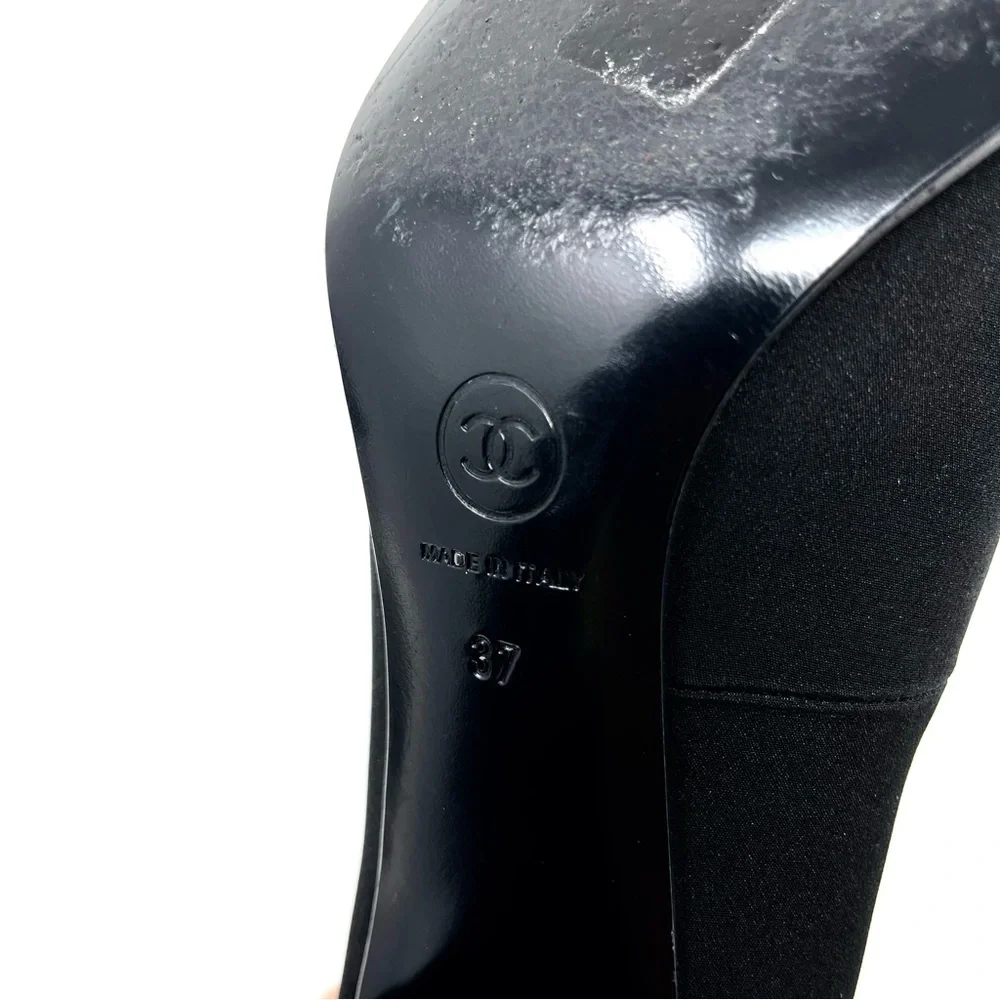 Chanel Black Satin Silver CC Logo Mary Jane Janes High Heels Pumps 37 6 6.5